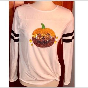 SEQUIN PUMPKIN KNOT FRONT ATHLETIC  STRIPE TOP